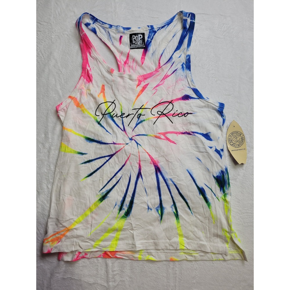NWT Pop Surf Puerto Rico Tank Top Women Large White Tie Dye Racerback Beach